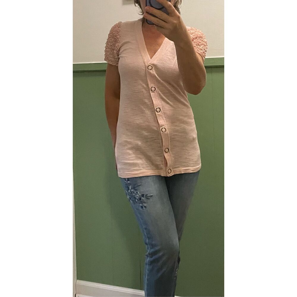 Twelve by twelve  Los Angles Pink Ruffle Lace Sleeves Buttons down Women’s Top